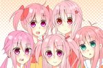  :d angel_beats! anoko_(star) bow color_connection crossover gasai_yuno green_eyes guilty_crown hair_color_connection hair_ornament hairclip jinrui_wa_suitai_shimashita kaname_madoka long_hair looking_at_viewer mahou_shoujo_madoka_magica mirai_nikki multiple_girls open_mouth pink_eyes pink_hair ponytail red_eyes short_hair smile triangle_mouth twintails watashi_(jintai) yui_(angel_beats!) yuzuriha_inori 