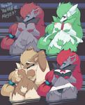  ? anthro breasts clothed clothing english_text eyelashes female fur gardevoir grey_background hair half-dressed hand_on_breasts hi_res lagomorph long_ears long_hair looking_at_viewer lopunny mammal navel nintendo nipples nude plain_background pok&#233;mon pok&eacute;mon ponytail question rabbit red_eyes shadow shiny shirt slugbox squeeze teal_eyes team_rocket text underwear video_games zoroark 