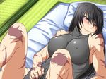  antenna_hair black_hair blush breasts brown_eyes clothes_grab covered_nipples futon large_breasts legs_up leotard long_hair lying m.u.g.e.n on_back original out-of-frame_censoring pillow samuimu scar sendai_hakurei_no_miko skin_tight smile solo sweatdrop tatami touhou 