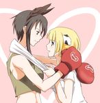  animal_ears bad_id bad_pixiv_id black_hair blonde_hair blue_eyes blush boxing_gloves breasts couple dominica_s_gentile eye_contact hug jane_t_godfrey kisetsu looking_at_another medium_breasts multiple_girls open_mouth short_hair tank_top towel uniform world_witches_series yuri 