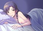  afterglow black_hair blush dan_(orange_train) flat_chest happy idolmaster idolmaster_(classic) jewelry kisaragi_chihaya long_hair looking_at_viewer lying nipples nude open_mouth pillow ring smile solo sparkle under_covers wedding_band yellow_eyes 
