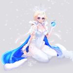  2014 alternate_costume alternate_hair_length alternate_hairstyle apple bad_id bad_pixiv_id bare_shoulders blonde_hair blue_eyes cape crown dated earrings elbow_gloves elsa_(frozen) eyeshadow food frozen frozen_(disney) fruit full_body garter_straps gloves jewelry lingerie long_hair makeup olaf_(frozen) punch_(bandi) see-through signature sitting snow solo thighhighs thighs underwear very_long_hair white white_gloves white_legwear 