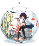  accordion air_bubble black_hair black_legwear book bubble coral encasement fish fishbowl goldfish in_container instrument looking_at_viewer original phantania purple_eyes school_uniform serafuku short_hair sitting skirt solo submerged thighhighs 