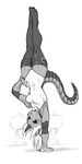  balancing boots breasts dark_skin demon_mages elbow_pads greyscale grin hair_ribbon hand_on_hip handstand horn jason_robinson leotard lizard_tail long_hair monochrome ponytail ribbon small_breasts smile solo tail thigh_boots thigh_strap thighhighs toned wide_hips ziggy_kakziga 