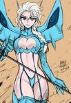  blonde_hair blue_eyes boots braid breasts cleavage cleavage_cutout colorized cosplay elsa_(frozen) flat_color frozen_(disney) garter_straps hair_ornament hair_over_shoulder hairclip highres junketsu kago-tan katana kill_la_kill kiryuuin_satsuki kiryuuin_satsuki_(cosplay) large_breasts long_hair navel revealing_clothes single_braid solo suspenders sword thigh_boots thighhighs tsurime weapon 