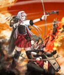  aa_gun aircraft airplane archery battle blush boots bow_(weapon) damaged fire flight_deck gloves grey_hair hair_ribbon hairband highres japanese_clothes k.k kantai_collection kyuudou long_hair multiple_girls muneate open_mouth partly_fingerless_gloves ribbon shoukaku_(kantai_collection) silver_hair skirt smoke sunset thigh_boots thighhighs twintails weapon yugake zuikaku_(kantai_collection) 
