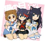  :3 :d animal_ears bangs black_hair blue_eyes blush boots brown_eyes brown_hair cat_ears chibi dog_ears epaulettes full_body ikeshita_moyuko junketsu kemonomimi_mode kill_la_kill kiryuuin_satsuki kneeling long_hair mankanshoku_mako matoi_ryuuko multicolored_hair multiple_girls open_mouth paw_pose school_uniform senketsu serafuku short_hair sitting skirt smile streaked_hair suspenders thigh_boots thighhighs two-tone_hair v 