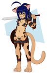  4_toes armor blue_hair cat chest_tuft feline female fur hair kloe kloe_kitty long_hair mammal navel open_mouth plain_background pubes solo standing sword toes tongue tuft weapon white_background yellow_eyes 