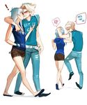  1boy 1girl denim elsa_(frozen) genderswap jack_frost_(rise_of_the_guardians) jeans kiss modern pants sakimichan tsundere white_hair 