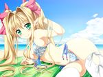  beach bikini blonde_hair blush green_eyes kamiya_tomoe long_hair original swimsuit thighhighs twintails 