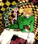  belt blonde_hair blue_eyes checkered checkered_background diego_brando gloves green_shirt jojo_no_kimyou_na_bouken male_focus scary_monsters_(stand) shirt smile solo sora_kohaku stand_(jojo) steel_ball_run sweater tail turtleneck 