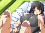  antenna_hair black_hair blush breasts closed_eyes clothes_grab covered_nipples futon large_breasts legs_up leotard long_hair lying m.u.g.e.n on_back original out-of-frame_censoring pillow samuimu scar sendai_hakurei_no_miko skin_tight solo sweatdrop tatami touhou 