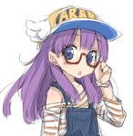  blue_eyes blush clothes_writing dr._slump glasses hat long_hair looking_at_viewer norimaki_arale overalls peko purple_hair red-framed_eyewear simple_background sketch solo white_background winged_hat 