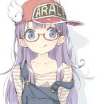  :q blue_eyes blush clothes_writing dr._slump glasses hat long_hair norimaki_arale overalls peko purple_hair red-framed_eyewear simple_background sketch smile solo tongue tongue_out winged_hat 