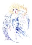  bare_shoulders blue_dress braid colored_pencil_(medium) dated dress elsa_(frozen) eyeshadow frozen_(disney) full_body lipstick long_hair makeup parted_lips red_lipstick side_slit signature single_braid snowflakes solo standing strapless strapless_dress temari114 traditional_media 