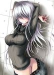  arched_back arms_behind_head arms_up belt breasts denim extra_eyes eye_in_palm groin hair_over_eyes jeans large_breasts long_hair long_sleeves midriff monster_girl original pants red_eyes ribbed_sweater sangyou_haikibutsu_(turnamoonright) silver_hair smile solo sweater tenome turtleneck wide_hips 
