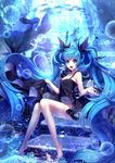  barefoot blue_eyes blue_hair bubble dress fish hatsune_miku long_hair metto no_panties open_mouth shinkai_shoujo_(vocaloid) skirt_hold solo twintails underwater very_long_hair vocaloid 