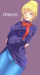  blonde_hair breasts cameltoe character_name crowley_hamon dress dress_lift gundam kirisaki_byakko large_breasts long_hair looking_at_viewer mobile_suit_gundam parted_lips purple_eyes scarf shiny shiny_clothes smile solo thigh_gap 