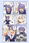  1girl admiral_(kantai_collection) blush brown_eyes comic eyepatch fingerless_gloves gloves grey_hair groping highres kantai_collection military military_uniform miyamaru naval_uniform necktie purple_hair red_eyes tenryuu_(kantai_collection) translated uniform 