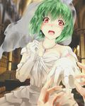  asutora bare_shoulders blush breasts bridal_veil bride church cleavage commentary_request dress earrings elbow_gloves gloves green_hair jewelry kazami_yuuka looking_at_viewer medium_breasts necklace open_mouth out_of_frame pov pov_hands red_eyes ring touhou veil wedding_dress white_dress white_gloves 