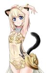  animal_ears armpits arms_up blade_&amp;_soul blonde_hair blue_eyes bracelet cat_ears cat_tail covered_navel dress flat_chest highres jewelry looking_at_viewer lyn_(blade_&amp;_soul) macline short_hair simple_background sleeveless sleeveless_dress solo tail white_background 