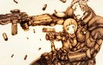  1girl :t appleseed bodysuit cyberpunk earrings firing gamagoori_ira gun handgun jewelry kill_la_kill mankanshoku_mako monochrome parody pistol sepia shell_casing short_hair sutego weapon 