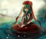  1girl blue_eyes bow front_ponytail green_hair hair_bow hair_ornament hair_ribbon kagiyama_hina long_hair looking_at_viewer maho_moco partially_submerged petals ponytail puffy_sleeves ribbon rope shirt short_sleeves simple_background sitting skirt smile solo torii touhou water 