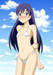  arm_behind_back bikini blue_hair blush body_blush cloud day flat_chest full-face_blush hand_on_own_arm hand_on_own_elbow idolmaster idolmaster_(classic) kisaragi_chihaya long_hair micro_bikini navel purple_eyes side-tie_bikini sky solo swimsuit zerosu_(take_out) 