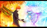  1boy 1girl bankai bare_shoulders bleach detached_sleeves eye_contact fire gloves hair_ornament hand_holding ice japanese_clothes kuchiki_rukia kurosaki_ichigo looking_at_another orange_hair purple_hair short_hair smile snowflakes spoilers wide_sleeves 