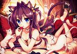  akabane_(zebrasmise) animal_ears barefoot blue_eyes blush brown_hair cat cat_ears cat_tail couch dress food fruit hair_ornament long_hair looking_at_viewer lying md5_mismatch on_stomach open_mouth original solo strawberry tail wings wristband 