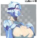  breast_suppress breasts checkered checkered_background covered_nipples glowing glowing_eyes highres huge_breasts namaniku_atk original ribbed_sweater robot sleeveless sleeveless_turtleneck solo sweater translation_request turtleneck 