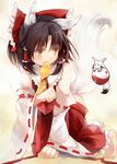  aburaage animal animal_ears animalization bottomless bow brown_hair detached_sleeves dual_persona efe food food_in_mouth fox fox_ears fox_tail hair_bow hakurei_reimu hakurei_reimu_(fox) hopeless_masquerade kemonomimi_mode mouth_hold orb ribbon-trimmed_sleeves ribbon_trim tail tofu touhou yellow_eyes yin_yang 