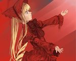  aqua_eyes bangs blonde_hair bonnet bow capelet dress drill_hair expressionless long_hair looking_afar outstretched_arms parted_lips red_capelet red_dress rozen_maiden shinku solo spread_arms taaki_(taki0123) twintails very_long_hair 