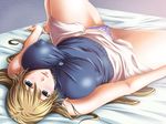  1girl bed blonde_hair blue_eyes breasts collar erect_nipples game_cg huge_breasts ishihara_souka legs long_hair lying panties shimai_tsuma_3 skirt smile solo spread_legs thighs underwear upskirt 