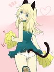  animal_ears blonde_hair blue_eyes blush cat_ears cat_tail cheerleader heart heart_of_string helma_lennartz highres izuoku long_hair lowleg lowleg_panties open_mouth panties pink_background pom_poms shaking shoes solo tail underwear world_witches_series 