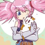  1girl blue_eyes cat elbow_gloves gloves pink_hair presea_combatir solo tales_of_(series) tales_of_symphonia twintails wink 