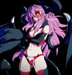  absurdres ass_visible_through_thighs black_background bochi_(yamakan) breasts cleavage crossed_arms demon_girl demon_horns demon_tail demon_wings glasses glowing glowing_eye highres horns long_hair medium_breasts navel original panties pink_hair pointy_ears red_panties scarf simple_background solo succubus tail thighhighs underwear underwear_only wings yellow_eyes 