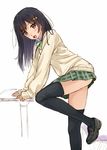  black_hair blush brown_eyes desk kazeno long_hair open_mouth original school_uniform shirt shoes solo thighhighs 