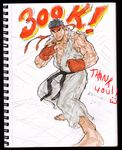  absurdres barefoot black_hair dougi eyebrows fighting_stance fingerless_gloves gloves headband highres hits male_focus muscle photo ryuu_(street_fighter) solo steven_mack street_fighter thank_you thick_eyebrows traditional_media 