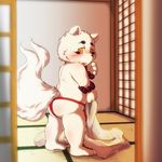  anthro black_nose blush cloth clothing cub embarrassed female flat_chested fluffy_tail fur gingitsune haru haru_(gingitsune) inside kemono kokko open_mouth pixiv solo underwear white_fur young 