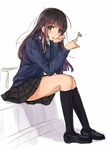  black_eyes black_hair blush kazeno long_hair original school_uniform sitting solo 