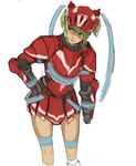  armor gauntlets hand_on_hip helmet hermitaur_(armor) leaning_forward looking_away monster_hunter smile solo taaki_(taki0123) twintails white_background yellow_eyes 