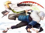  2boys armor artist_request blonde_hair coat fur_trim headband katana kunai multiple_boys namikaze_minato naruto rasengan senju_tobirama silver_hair sinonomeiro sword water weapon 