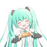 aqua_hair bad_id bad_pixiv_id blush closed_eyes croissant detached_sleeves food hatsune_miku head_tilt long_hair necktie open_mouth p-man-p-man simple_background solo twintails upper_body vocaloid white_background 