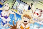  6+girls absurdres ahoge animal_ears barefoot bikini black_hair blonde_hair bodysuit breasts casual_one-piece_swimsuit cat_ears cleavage clenched_teeth closed_eyes constricted_pupils eyepatch feet folded_ponytail frilled_swimsuit frills glasses glowing glowing_eyes green_eyes highres kagari_ayaka katsura_kotetsu kazari_rin kuraishi_tanpopo large_breasts long_hair lying medium_breasts megami menowa_mei multiple_girls non-web_source obuchi_yousuke official_art on_back one-piece_swimsuit open_mouth pool school_swimsuit shaded_face striped striped_swimsuit swimsuit takamiya_kasumi teeth throwing triangle_mouth utsugi_kanna water witch_craft_works 