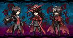  3boys alucard_(hellsing) banana_gyuunyuu black_hair chibi cloak final_fantasy final_fantasy_vii glasses gun hair_over_one_eye hat headband hellsing long_hair marchen_von_friedhof multiple_boys red_eyes sound_horizon standing vincent_valentine weapon 