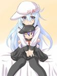  :&gt; :&lt; akatsuki_(kantai_collection) bad_id bad_pixiv_id blue_eyes character_doll hammer_and_sickle hat hibiki_(kantai_collection) kantai_collection long_hair musouzuki neckerchief on_bed outstretched_arm pantyhose red_neckwear silver_hair sitting sitting_on_bed skirt solo star verniy_(kantai_collection) 