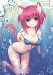  animal_ears bad_id bad_pixiv_id barefoot bikini breasts bubble cat_ears cat_tail cleavage green_eyes kanora large_breasts navel original pink_hair short_hair smile solo swimsuit tail underwater 