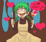  apron braid cake crazy_eyes drooling english food fork garactor_aduki green_hair heart knife long_hair solo striped sweets_girl turtleneck twin_braids yume_2kki 