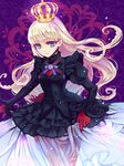  blonde_hair blue_eyes crown dress gloves haou long_hair purple_background rose_witch see-through shiei_no_sona-nyl smile solo steampunk_(liarsoft) white_dress 